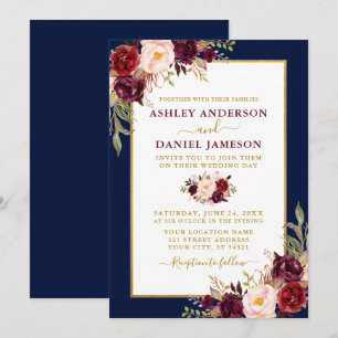 Invitation Aquarelle Bourgogne Floral Mariage Or bleu