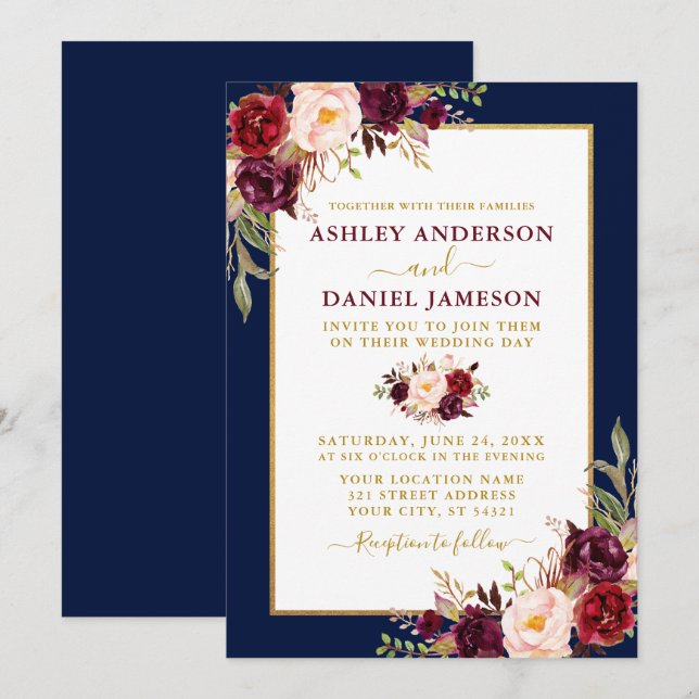 Invitation Aquarelle Bourgogne Floral Mariage Or bleu (Devant / Derrière)