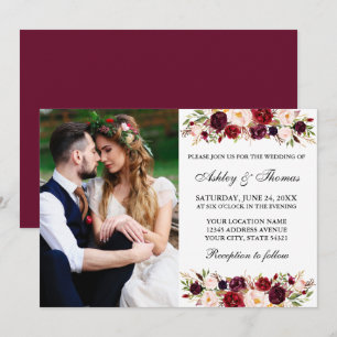 Invitation Aquarelle Bourgogne Floral Mariage photo