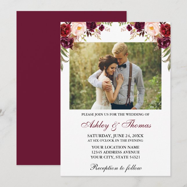 Invitation Aquarelle Bourgogne Floral Mariage photo (Devant / Derrière)