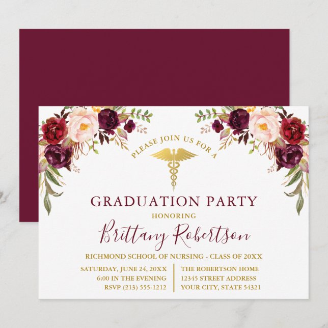 Invitation Aquarelle Bourgogne Floral Médicale Grad Party (Devant / Derrière)