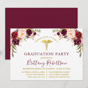 Invitation Aquarelle Bourgogne Floral Médicale Grad Party