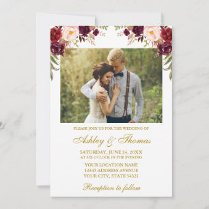 Invitation Aquarelle Bourgogne Floral Photo Mariage Or
