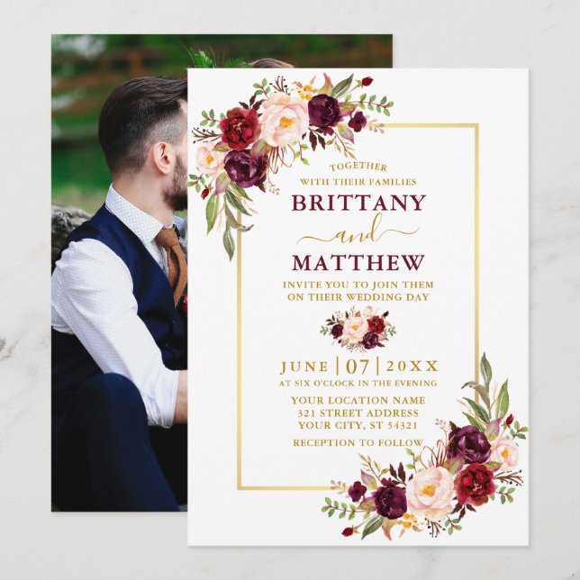 Invitation Aquarelle Bourgogne Floral Photo Mariage or (Devant / Derrière)