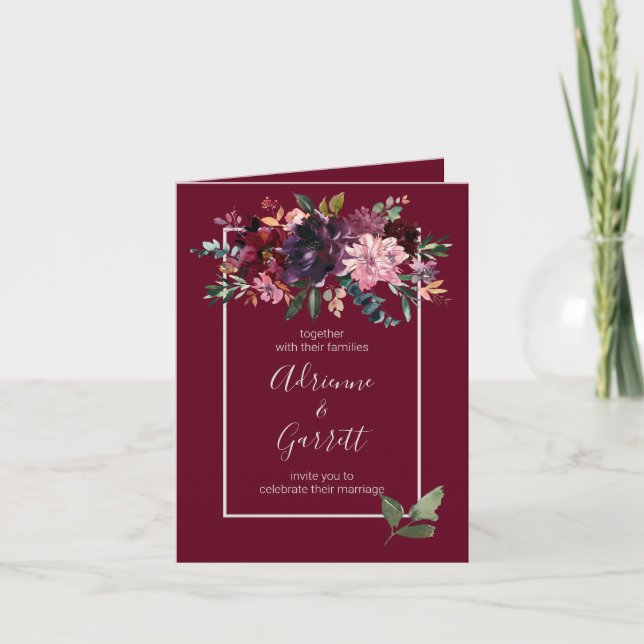 Invitation Aquarelle Bourgogne Floral Rustique Chic Mariage (Devant)