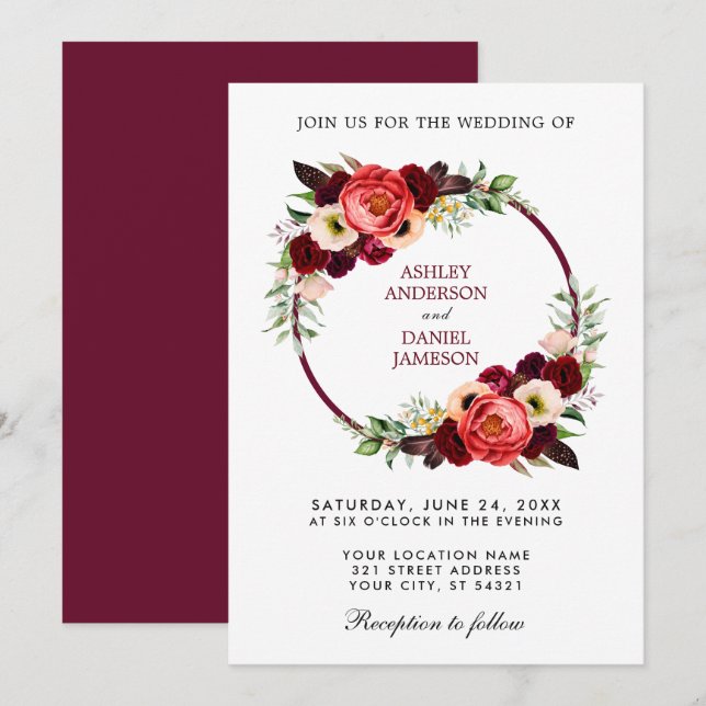 Invitation Aquarelle Bourgogne Floral Wreath Boho Mariage (Devant / Derrière)