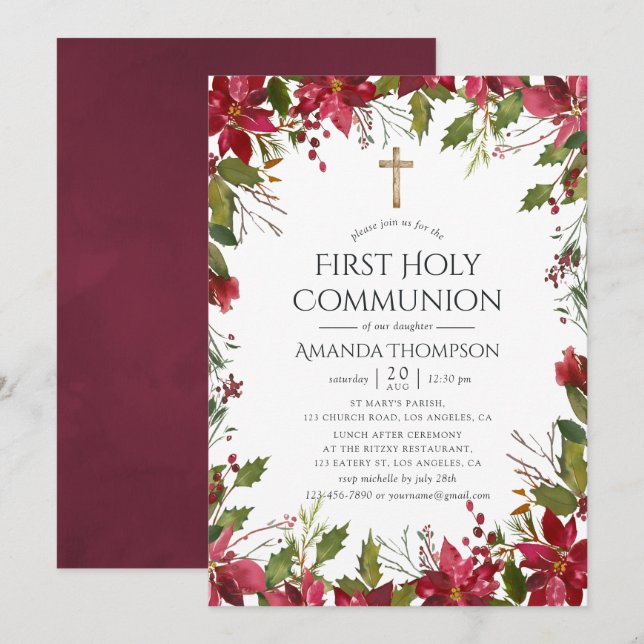 Invitation Aquarelle Bourgogne Florale Première Communion Sai (Devant / Derrière)