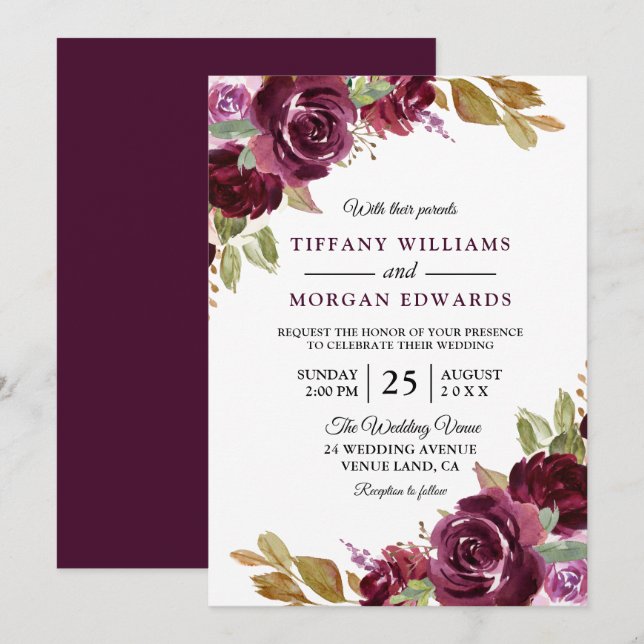 Invitation Aquarelle Bourgogne Mariage Fleurs de Berry (Devant / Derrière)