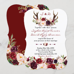 Invitation Aquarelle Bourgogne Marsala Floral Antlers Mariage