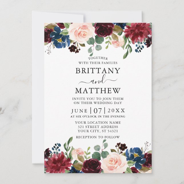 Invitation Aquarelle Bourgogne Mélange Floral Élégant Mariage (Devant)