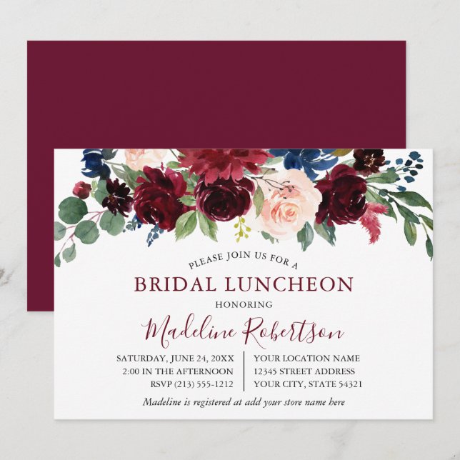 Invitation Aquarelle Bourgogne Mixte Floral Bridal Lunch (Devant / Derrière)