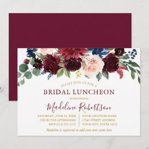 Invitation Aquarelle Bourgogne Mixte Floral Bridal Lunch Gold