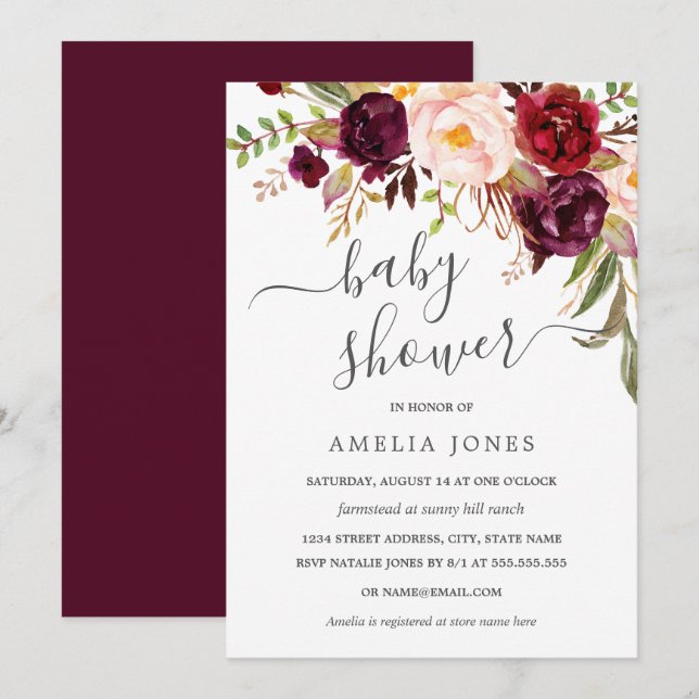 Invitation Aquarelle Bourgogne moderne Baby shower Floral (Devant / Derrière)