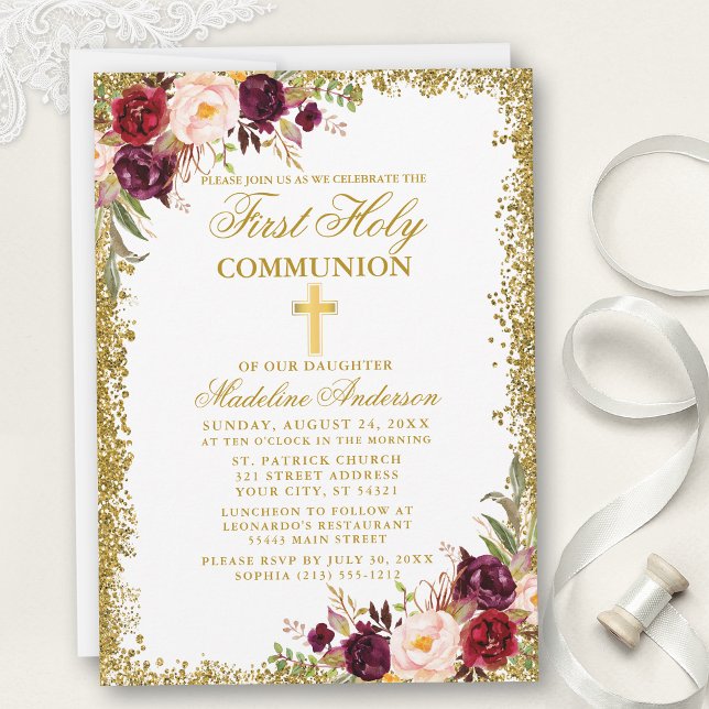 Invitation Aquarelle Bourgogne Parties scintillant florale Pr (Customize to change text size, color, style or to add more text and photos to back of card.)