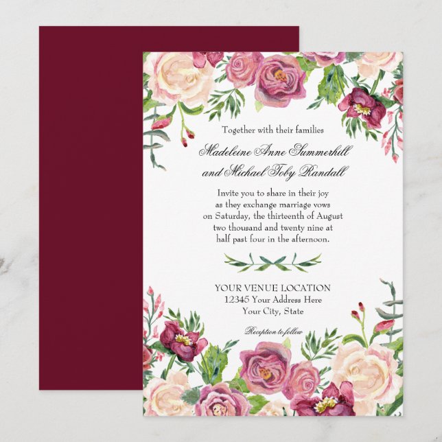 Invitation Aquarelle Bourgogne Rose Floral Feuille automne hi (Devant / Derrière)