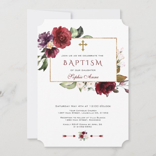 Invitation Aquarelle Bourgogne rose Floral Frame Baptême (Devant)