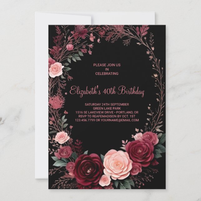 Invitation Aquarelle Bourgogne Roses 40e anniversaire (Devant)