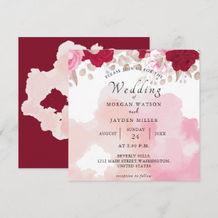 Invitation Aquarelle Bourgogne rouge bleu rose rose Mariage