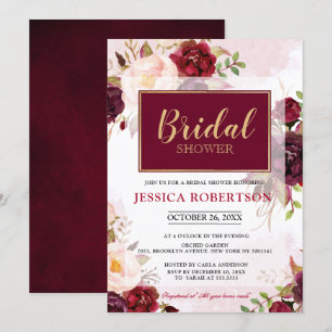 Invitation Aquarelle Bourgogne Rouge Floral Fête des mariées 