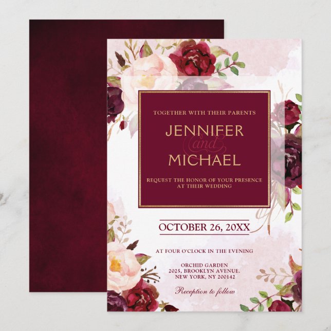 Invitation Aquarelle Bourgogne Rouge Floral Russe Boho (Devant / Derrière)