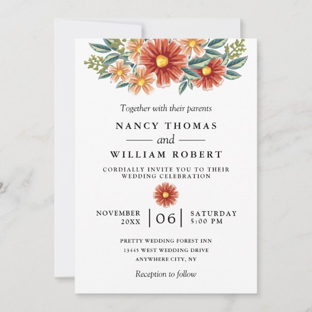 Invitation Aquarelle Bourgogne Rouge Floral Russe Boho Mariag (Devant)