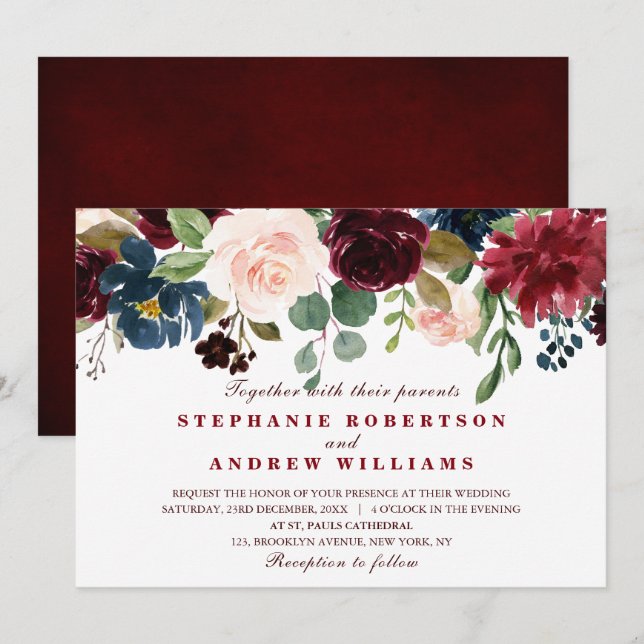 Invitation Aquarelle Bourgogne Rouge Marine bleu Floral Boho (Devant / Derrière)