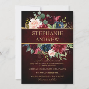 Invitation Aquarelle Bourgogne Rouge Marine Floral Russe Boho