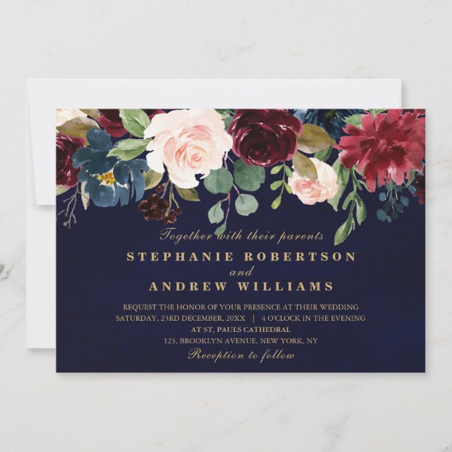 Invitation Aquarelle Bourgogne Rouge Marine Floral Russe Boho (Devant)