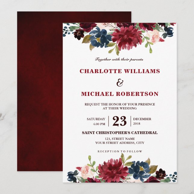 Invitation Aquarelle Bourgogne Rouge Marine Floral Russe Boho (Devant / Derrière)