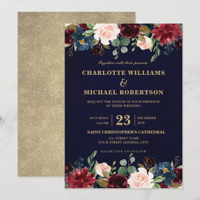 Invitation Aquarelle Bourgogne Rouge Marine Floral Russe Boho (Devant / Derrière)