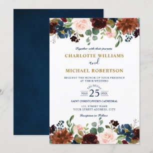 Invitation Aquarelle Bourgogne Rouge Marine Floral Russe Boho