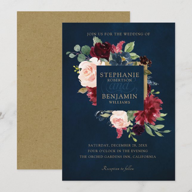 Invitation Aquarelle Bourgogne Rouge Marine Floral Russe Boho (Devant / Derrière)