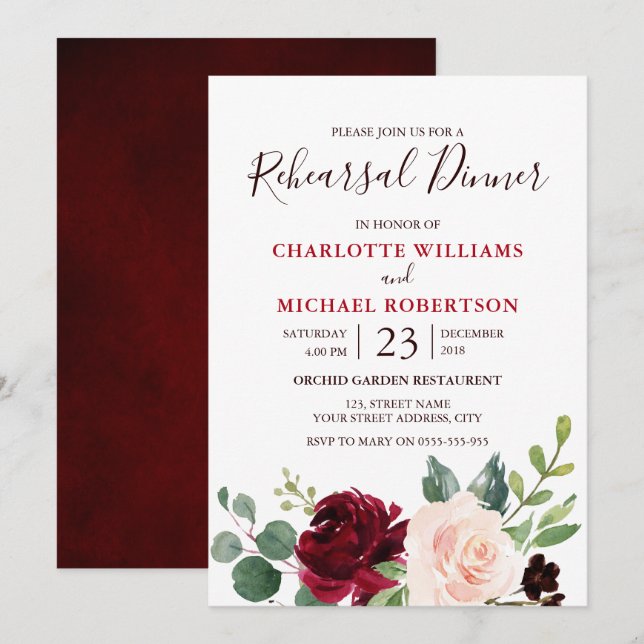 Invitation Aquarelle Bourgogne Rouge Marine Floral Russe Boho (Devant / Derrière)
