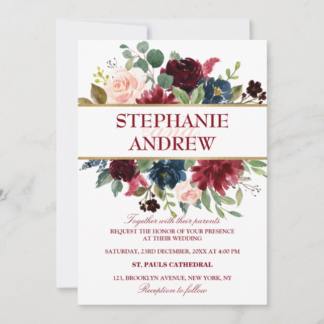 Invitation Aquarelle Bourgogne Rouge Marine Floral Russe Boho (Devant)