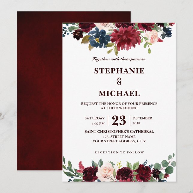 Invitation Aquarelle Bourgogne Rouge Marine Floral Russe Boho (Devant / Derrière)