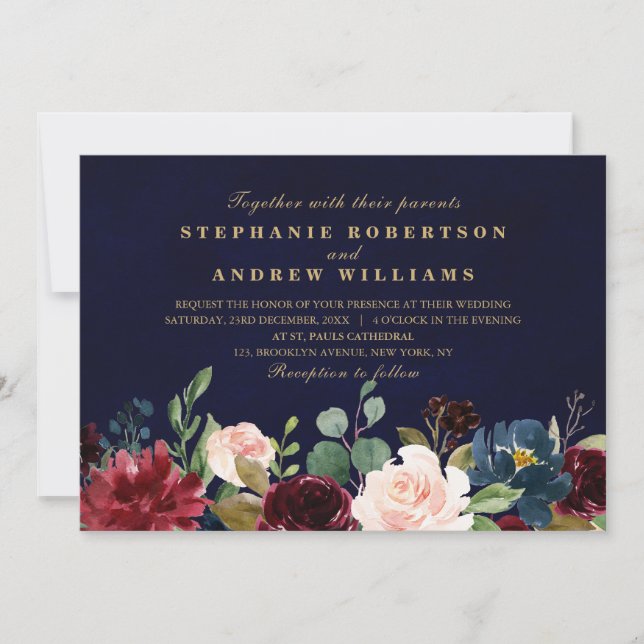 Invitation Aquarelle Bourgogne Rouge Marine Floral Russe Boho (Devant)