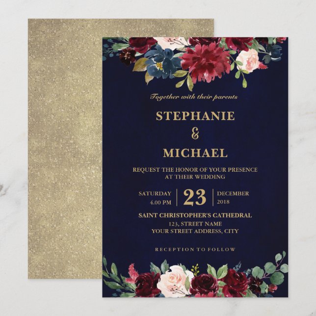 Invitation Aquarelle Bourgogne Rouge Marine Floral Russe Boho (Devant / Derrière)