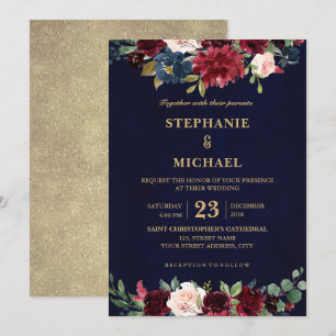 Invitation Aquarelle Bourgogne Rouge Marine Floral Russe Boho