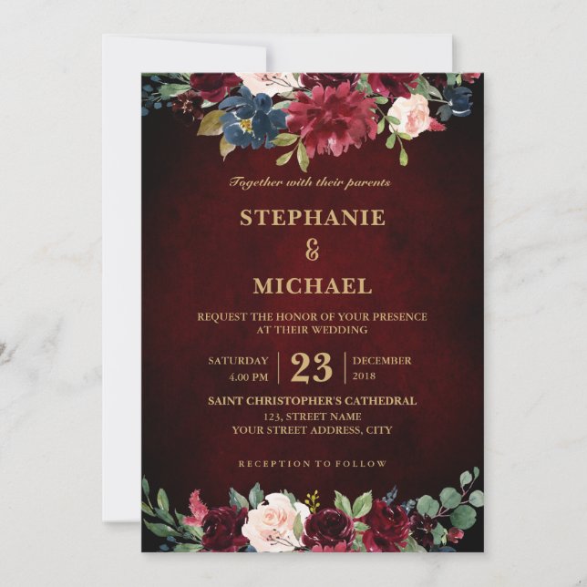 Invitation Aquarelle Bourgogne Rouge Marine Floral Russe Boho (Devant)