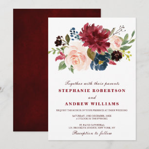 Invitation Aquarelle Bourgogne Rouge Marine Floral Russe Boho