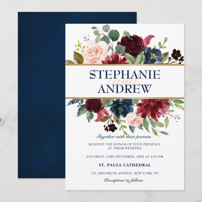 Invitation Aquarelle Bourgogne Rouge Marine Floral Russe Boho (Devant / Derrière)