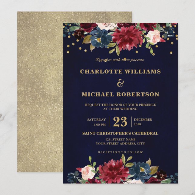 Invitation Aquarelle Bourgogne Rouge Marine Floral Russe Boho (Devant / Derrière)