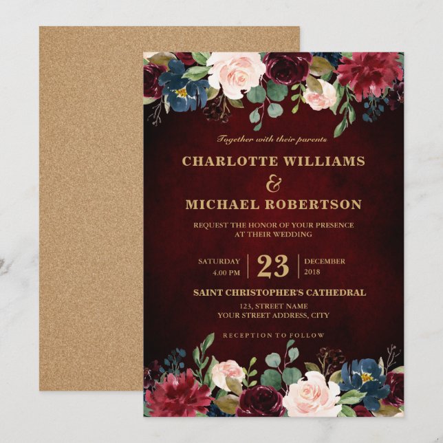 Invitation Aquarelle Bourgogne Rouge Marine Floral Russe Boho (Devant / Derrière)