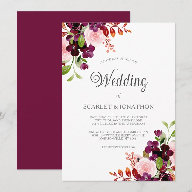 Invitation Aquarelle Bourgogne rousse Automne Mariage Floral (Devant / Derrière)