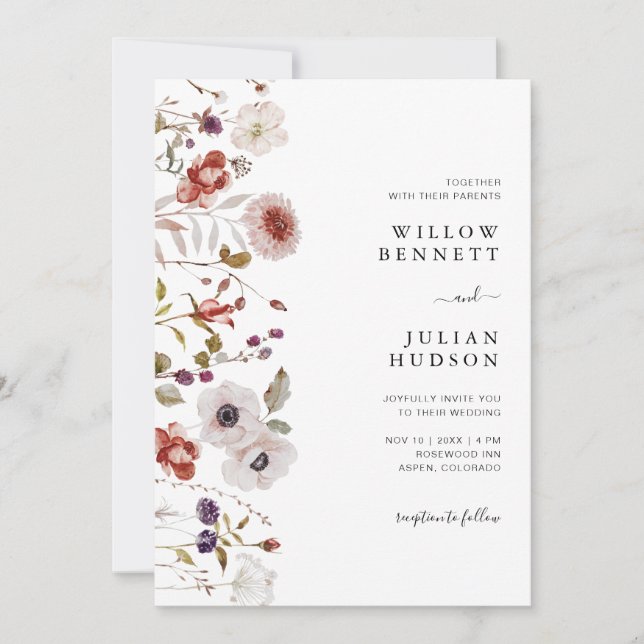 Invitation Aquarelle Bourgogne rousse Mariage Floral (Devant)