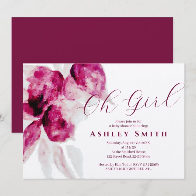 Invitation Aquarelle Bourgogne unique Floral Baby Girl Douche (Devant / Derrière)