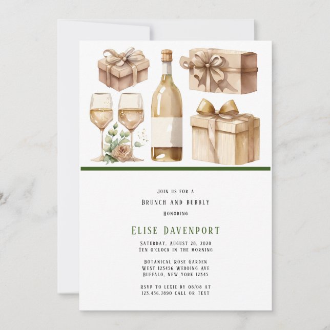 Invitation Aquarelle Bouteille et verres Brunch & Bubbly (Devant)