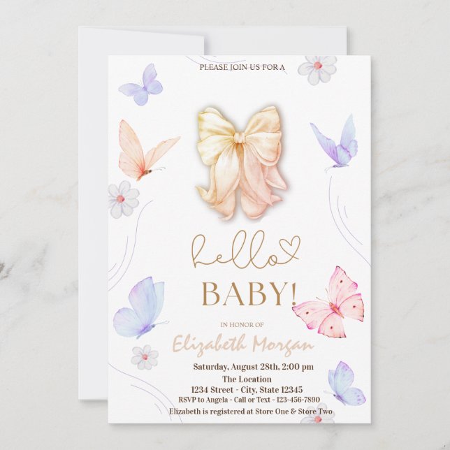 Invitation Aquarelle Boutterflies Polk Dots Baby shower (Devant)