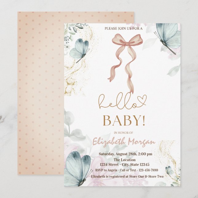 Invitation Aquarelle Bow Blue Butterfly Dots Baby shower (Devant / Derrière)