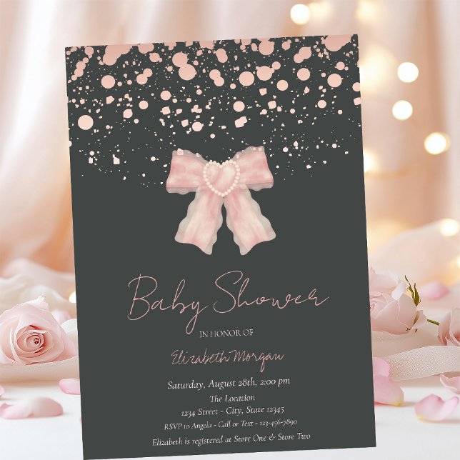 Invitation Aquarelle Bow Rose Confetti Baby shower or (Créateur téléchargé)